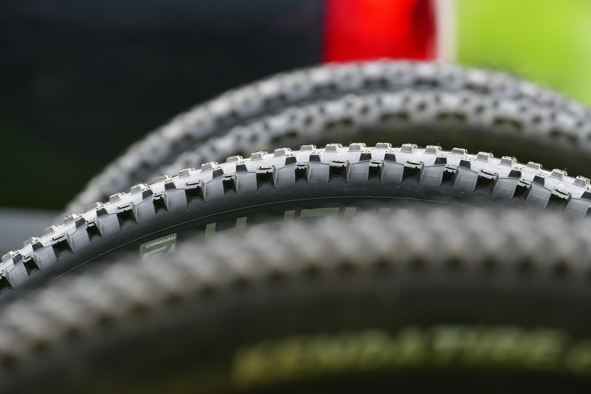 Close-up of a knobby electric bike tire